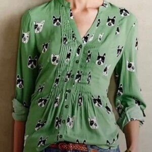 Anthropologie Maeve Green Boston Terrier Top Size 6